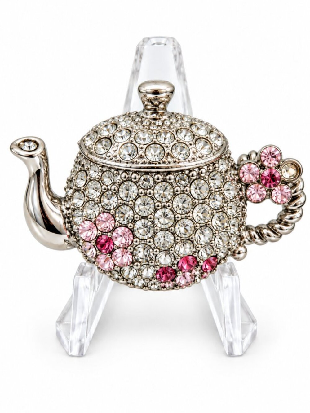 Sparkling Rhinestone Teapot Brooch Pink Floral Silver Tone Tea Party Pin